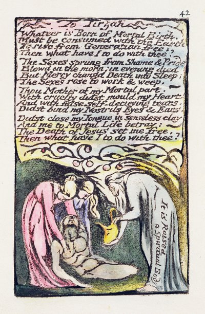 „Tirzahhoz”, 42. lemez (Bentley 52) a „Songs of innocence and of Experience”-ből (Bentley Copy L) 1789-94 (domborműves maratással tintával és wc-vel) alkotó: William Blake